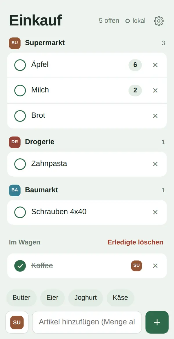 Screenshot der Einkaufsliste mit Artikeln, gruppiert nach Supermarkt, Drogerie und Baumarkt